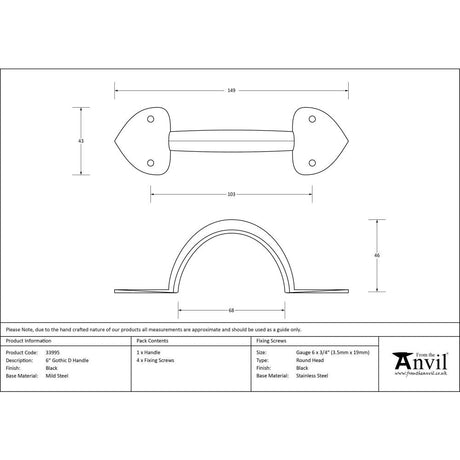 This is an image showing From The Anvil - Black 6" Gothic D Handle available from trade door handles, quick delivery and discounted prices