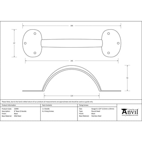 This is an image showing From The Anvil - Black 8" Bean D Handle available from trade door handles, quick delivery and discounted prices