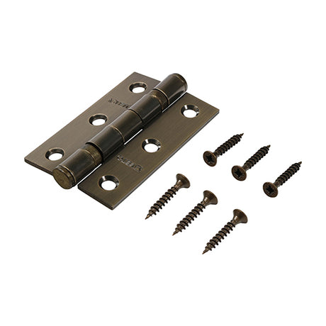 This is an image showing TIMCO  Twin Ball Bearing Hinges - Steel - Antique Brass - 76 x 51 - 2 Pieces Box available from T.H Wiggans Ironmongery in Kendal, quick delivery at discounted prices.