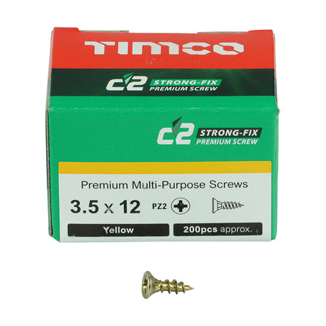 This is an image showing TIMCO C2 Strong-Fix - PZ - Double Countersunk - Sharp Point - Yellow - 3.5 x 12 - 200 Pieces Box available from T.H Wiggans Ironmongery in Kendal, quick delivery at discounted prices.