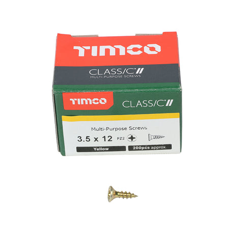 This is an image showing TIMCO Classic Multi-Purpose Screws - PZ - Double Countersunk - Yellow - 3.5 x 12 - 200 Pieces Box available from T.H Wiggans Ironmongery in Kendal, quick delivery at discounted prices.