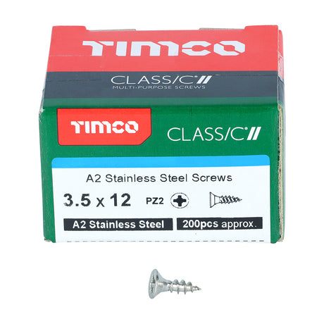 This is an image showing TIMCO Classic Multi-Purpose Screws - PZ - Double Countersunk - A2 Stainless Steel
 - 3.5 x 12 - 200 Pieces Box available from T.H Wiggans Ironmongery in Kendal, quick delivery at discounted prices.