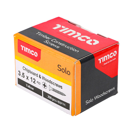 This is an image showing TIMCO Solo Chipboard & Woodscrews - PZ - Double Countersunk - Yellow - 3.5 x 12 - 200 Pieces Box available from T.H Wiggans Ironmongery in Kendal, quick delivery at discounted prices.