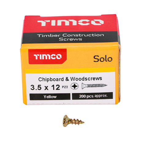 This is an image showing TIMCO Solo Chipboard & Woodscrews - PZ - Double Countersunk - Yellow - 3.5 x 12 - 200 Pieces Box available from T.H Wiggans Ironmongery in Kendal, quick delivery at discounted prices.