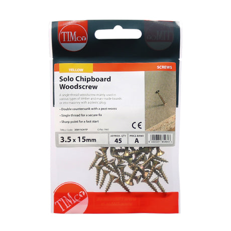 This is an image showing TIMCO Solo Woodscrews - PZ - Double Countersunk - Yellow - 3.5 x 15 - 45 Pieces TIMpac available from T.H Wiggans Ironmongery in Kendal, quick delivery at discounted prices.