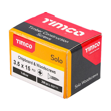 This is an image showing TIMCO Solo Chipboard & Woodscrews - PZ - Double Countersunk - Yellow - 3.5 x 15 - 200 Pieces Box available from T.H Wiggans Ironmongery in Kendal, quick delivery at discounted prices.