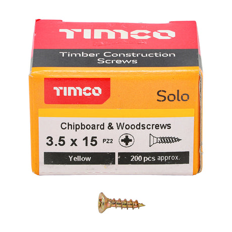 This is an image showing TIMCO Solo Chipboard & Woodscrews - PZ - Double Countersunk - Yellow - 3.5 x 15 - 200 Pieces Box available from T.H Wiggans Ironmongery in Kendal, quick delivery at discounted prices.