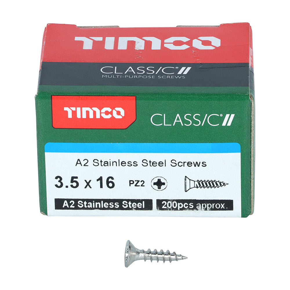 This is an image showing TIMCO Classic Multi-Purpose Screws - PZ - Double Countersunk - A2 Stainless Steel
 - 3.5 x 16 - 200 Pieces Box available from T.H Wiggans Ironmongery in Kendal, quick delivery at discounted prices.