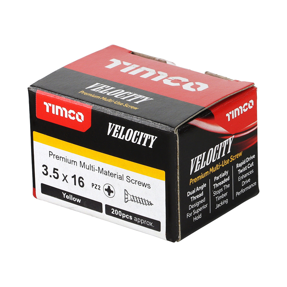 This is an image showing TIMCO Velocity Premium Multi-Use Screws - PZ - Double Countersunk - Yellow - 3.5 x 16 - 200 Pieces Box available from T.H Wiggans Ironmongery in Kendal, quick delivery at discounted prices.