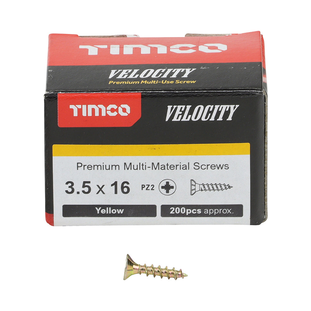 This is an image showing TIMCO Velocity Premium Multi-Use Screws - PZ - Double Countersunk - Yellow - 3.5 x 16 - 200 Pieces Box available from T.H Wiggans Ironmongery in Kendal, quick delivery at discounted prices.