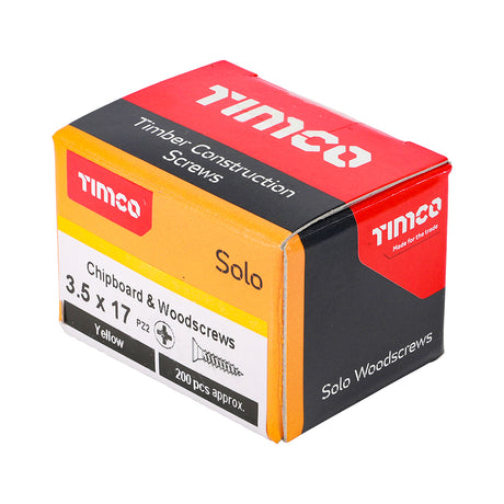 This is an image showing TIMCO Solo Chipboard & Woodscrews - PZ - Double Countersunk - Yellow - 3.5 x 17 - 200 Pieces Box available from T.H Wiggans Ironmongery in Kendal, quick delivery at discounted prices.