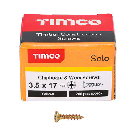 This is an image showing TIMCO Solo Chipboard & Woodscrews - PZ - Double Countersunk - Yellow - 3.5 x 17 - 200 Pieces Box available from T.H Wiggans Ironmongery in Kendal, quick delivery at discounted prices.