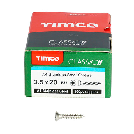 This is an image showing TIMCO Classic Multi-Purpose Screws - PZ - Double Countersunk - A4 Stainless Steel
 - 3.5 x 20 - 200 Pieces Box available from T.H Wiggans Ironmongery in Kendal, quick delivery at discounted prices.