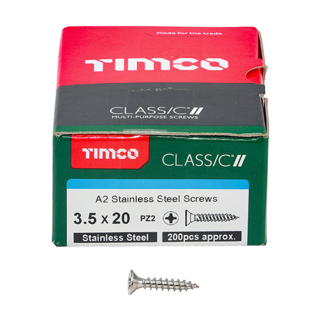 This is an image showing TIMCO Classic Multi-Purpose Screws - PZ - Double Countersunk - A2 Stainless Steel - 3.5 x 20 - 200 Pieces Box available from T.H Wiggans Ironmongery in Kendal, quick delivery at discounted prices.