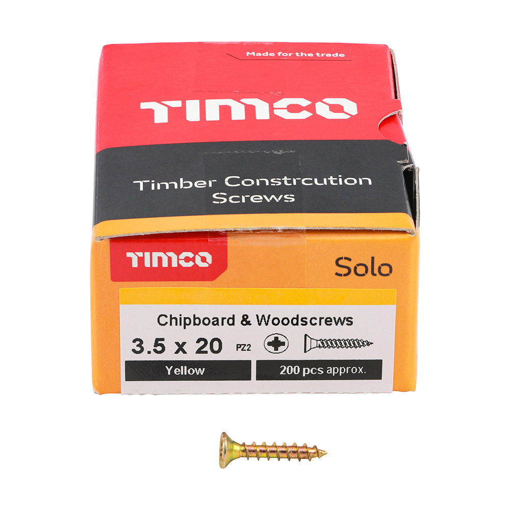 This is an image showing TIMCO Solo Chipboard & Woodscrews - PZ - Double Countersunk - Yellow - 3.5 x 20 - 200 Pieces Box available from T.H Wiggans Ironmongery in Kendal, quick delivery at discounted prices.