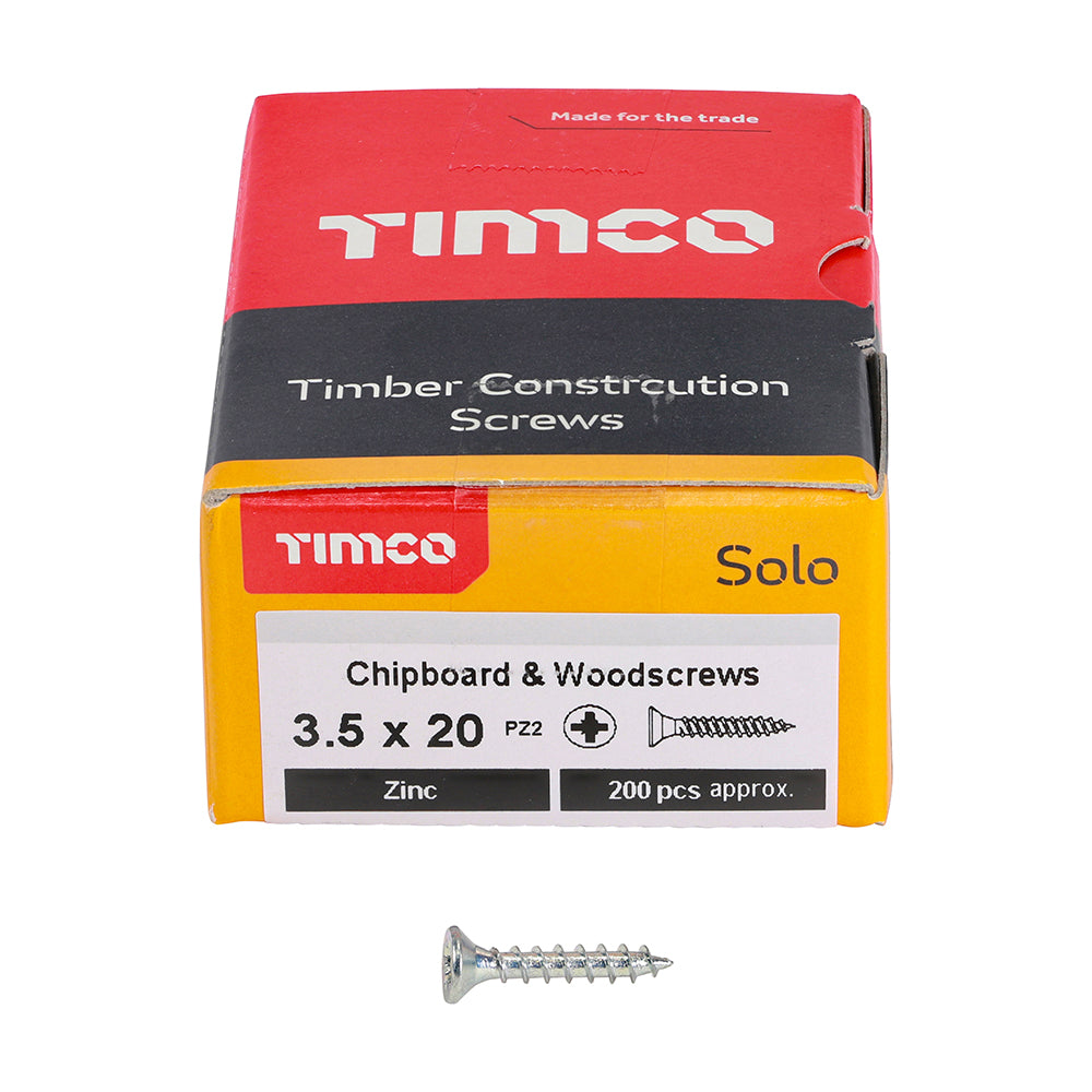 This is an image showing TIMCO Solo Chipboard & Woodscrews - PZ - Double Countersunk - Zinc - 3.5 x 20 - 200 Pieces Box available from T.H Wiggans Ironmongery in Kendal, quick delivery at discounted prices.