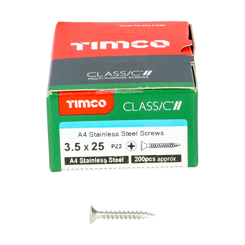 This is an image showing TIMCO Classic Multi-Purpose Screws - PZ - Double Countersunk - A4 Stainless Steel
 - 3.5 x 25 - 200 Pieces Box available from T.H Wiggans Ironmongery in Kendal, quick delivery at discounted prices.