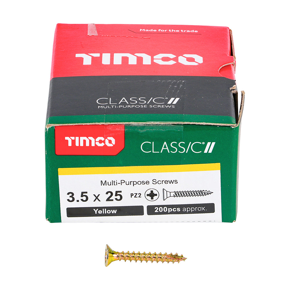 This is an image showing TIMCO Classic Multi-Purpose Screws - PZ - Double Countersunk - Yellow - 3.5 x 25 - 200 Pieces Box available from T.H Wiggans Ironmongery in Kendal, quick delivery at discounted prices.