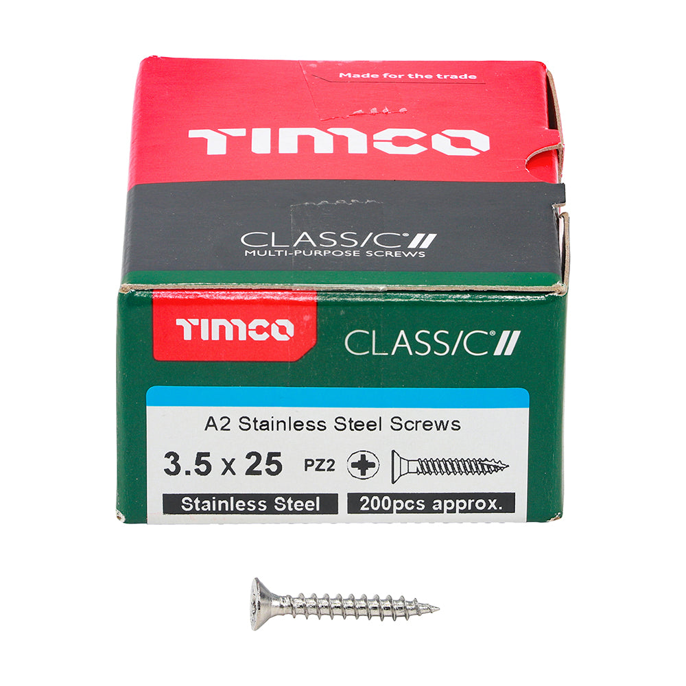 This is an image showing TIMCO Classic Multi-Purpose Screws - PZ - Double Countersunk - A2 Stainless Steel
 - 3.5 x 25 - 200 Pieces Box available from T.H Wiggans Ironmongery in Kendal, quick delivery at discounted prices.