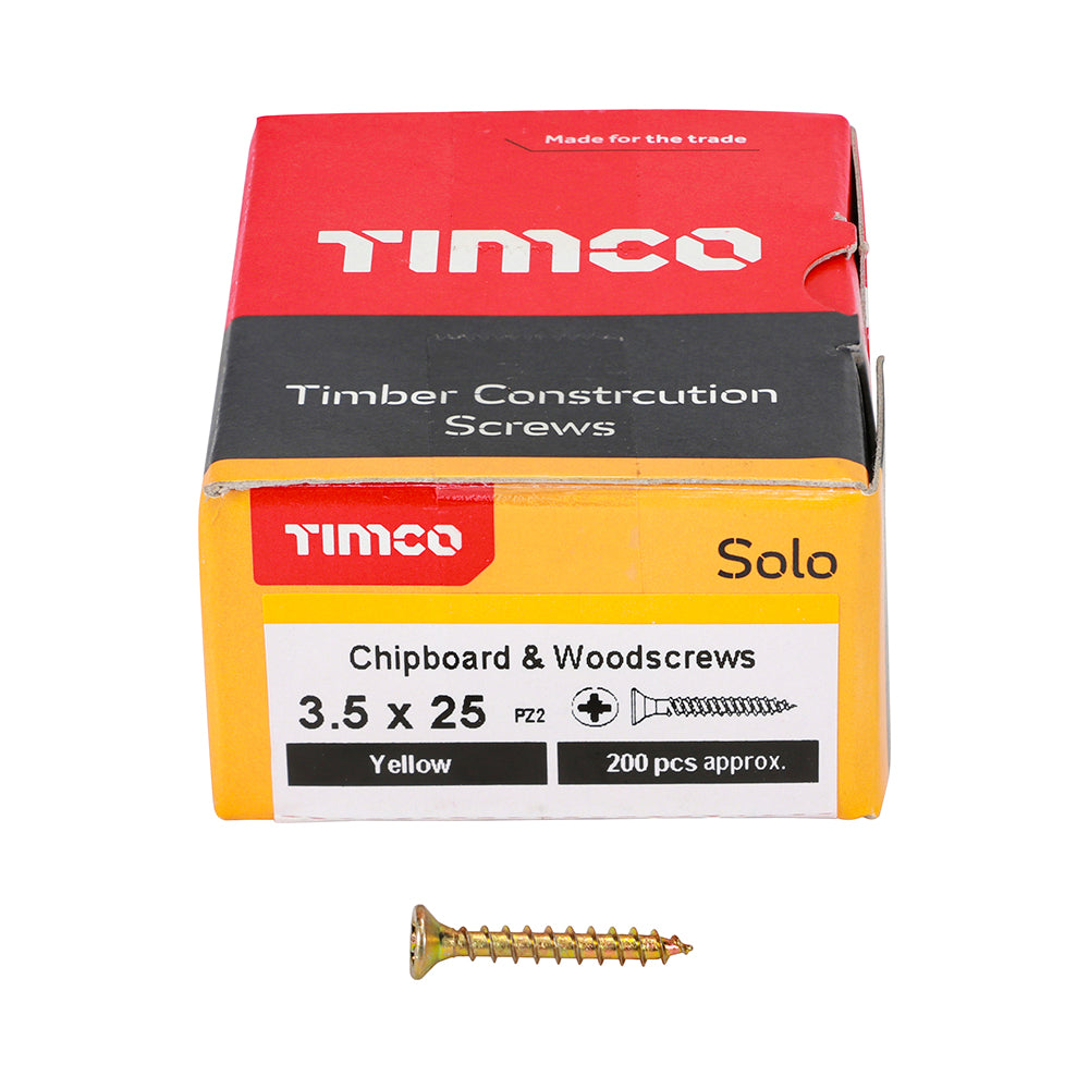 This is an image showing TIMCO Solo Chipboard & Woodscrews - PZ - Double Countersunk - Yellow - 3.5 x 25 - 200 Pieces Box available from T.H Wiggans Ironmongery in Kendal, quick delivery at discounted prices.