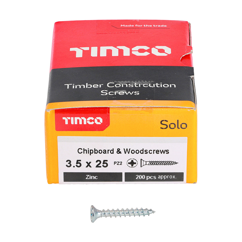 This is an image showing TIMCO Solo Chipboard & Woodscrews - PZ - Double Countersunk - Zinc - 3.5 x 25 - 200 Pieces Box available from T.H Wiggans Ironmongery in Kendal, quick delivery at discounted prices.