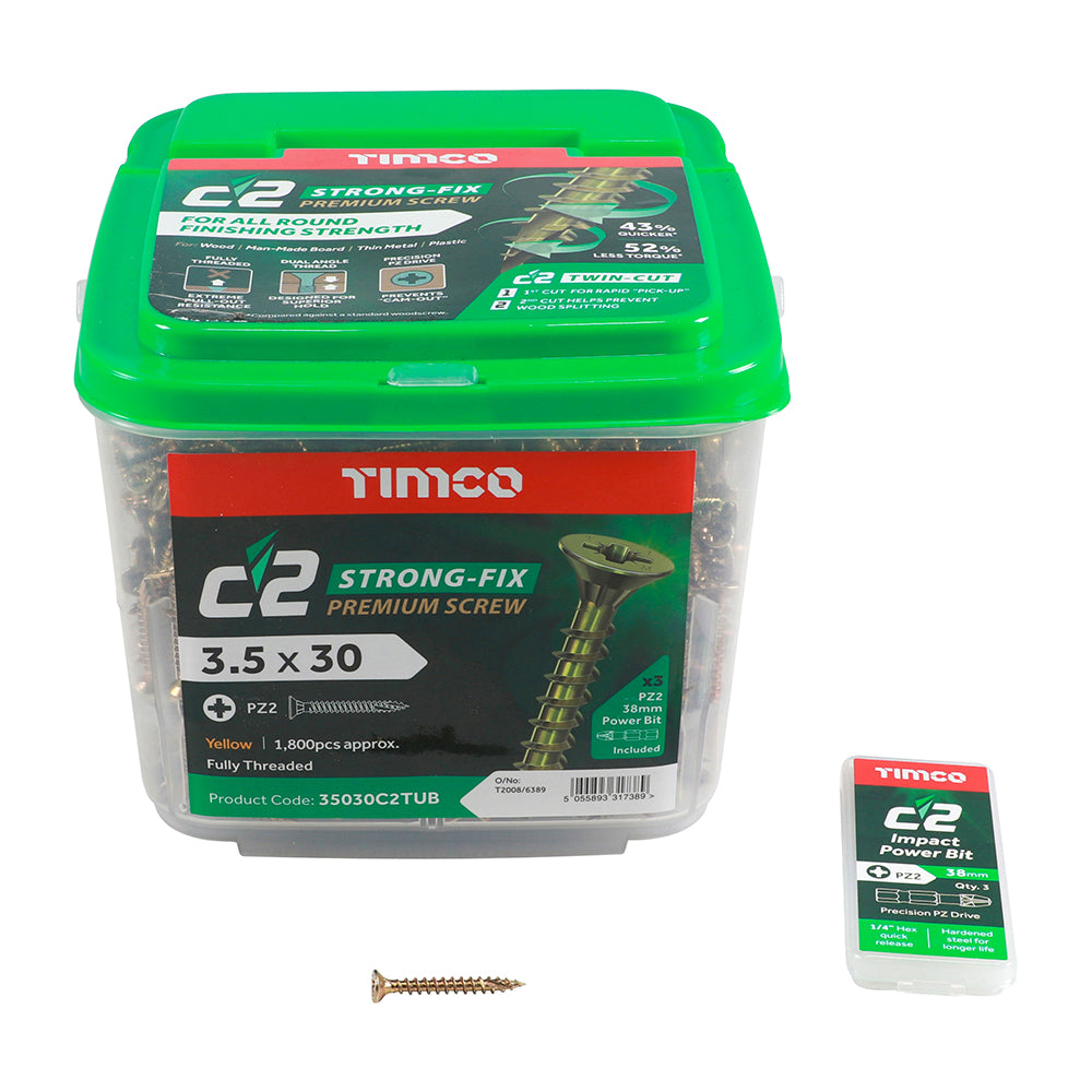 This is an image showing TIMCO C2 Strong-Fix - PZ - Double Countersunk - Twin-Cut - Yellow - 3.5 x 30 - 1800 Pieces Tub available from T.H Wiggans Ironmongery in Kendal, quick delivery at discounted prices.