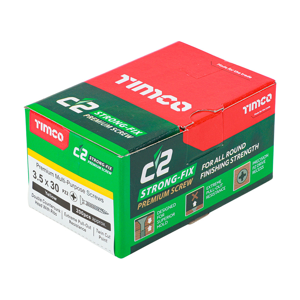 This is an image showing TIMCO C2 Strong-Fix - PZ - Double Countersunk - Twin-Cut - Yellow - 3.5 x 30 - 200 Pieces Box available from T.H Wiggans Ironmongery in Kendal, quick delivery at discounted prices.