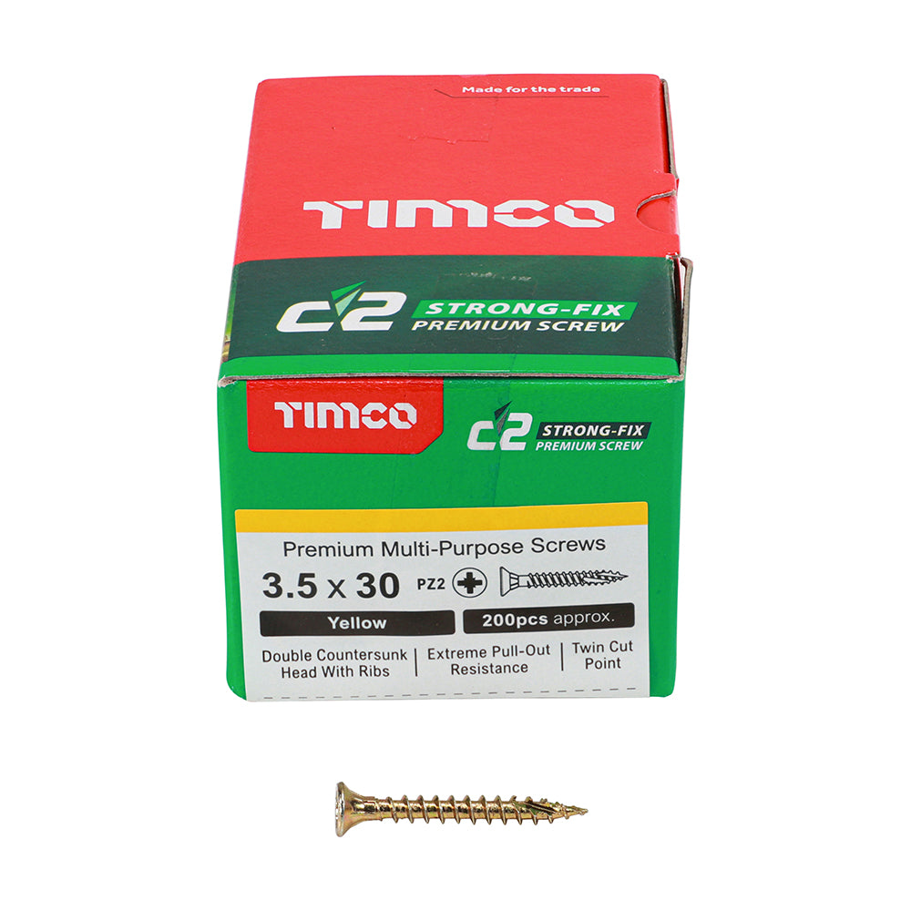 This is an image showing TIMCO C2 Strong-Fix - PZ - Double Countersunk - Twin-Cut - Yellow - 3.5 x 30 - 200 Pieces Box available from T.H Wiggans Ironmongery in Kendal, quick delivery at discounted prices.