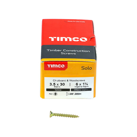 This is an image showing TIMCO Solo Chipboard & Woodscrews - PZ - Double Countersunk - Yellow - 3.5 x 30 - 200 Pieces Box available from T.H Wiggans Ironmongery in Kendal, quick delivery at discounted prices.