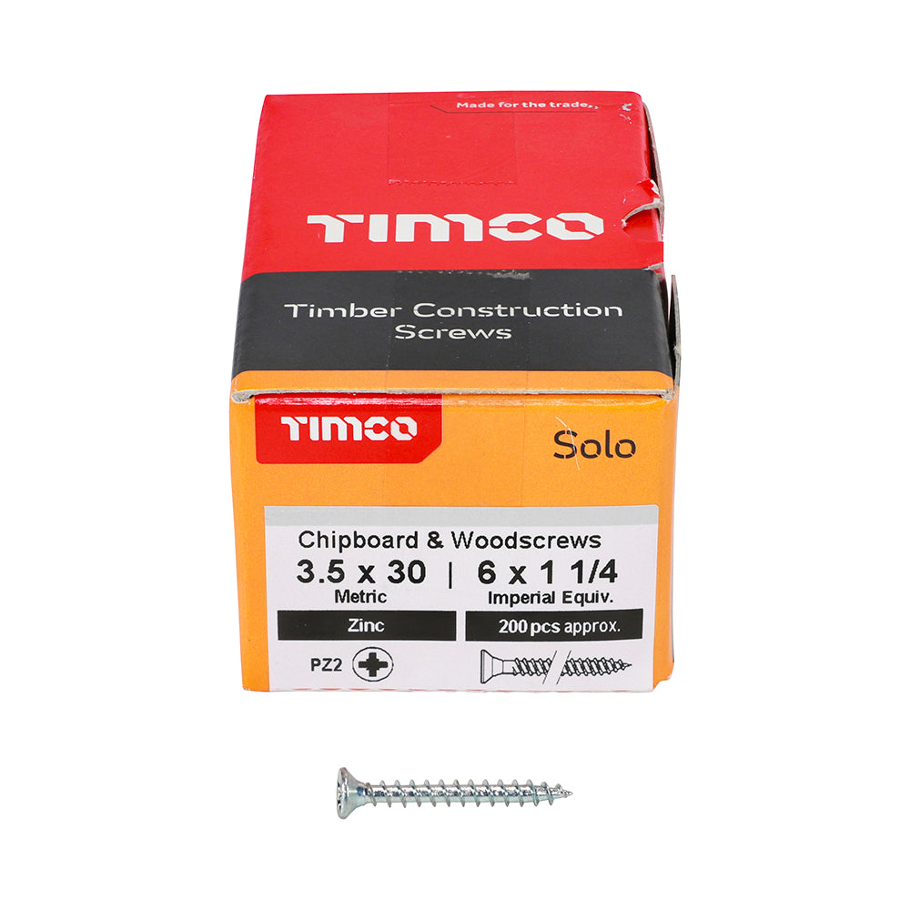 This is an image showing TIMCO Solo Chipboard & Woodscrews - PZ - Double Countersunk - Zinc - 3.5 x 30 - 200 Pieces Box available from T.H Wiggans Ironmongery in Kendal, quick delivery at discounted prices.