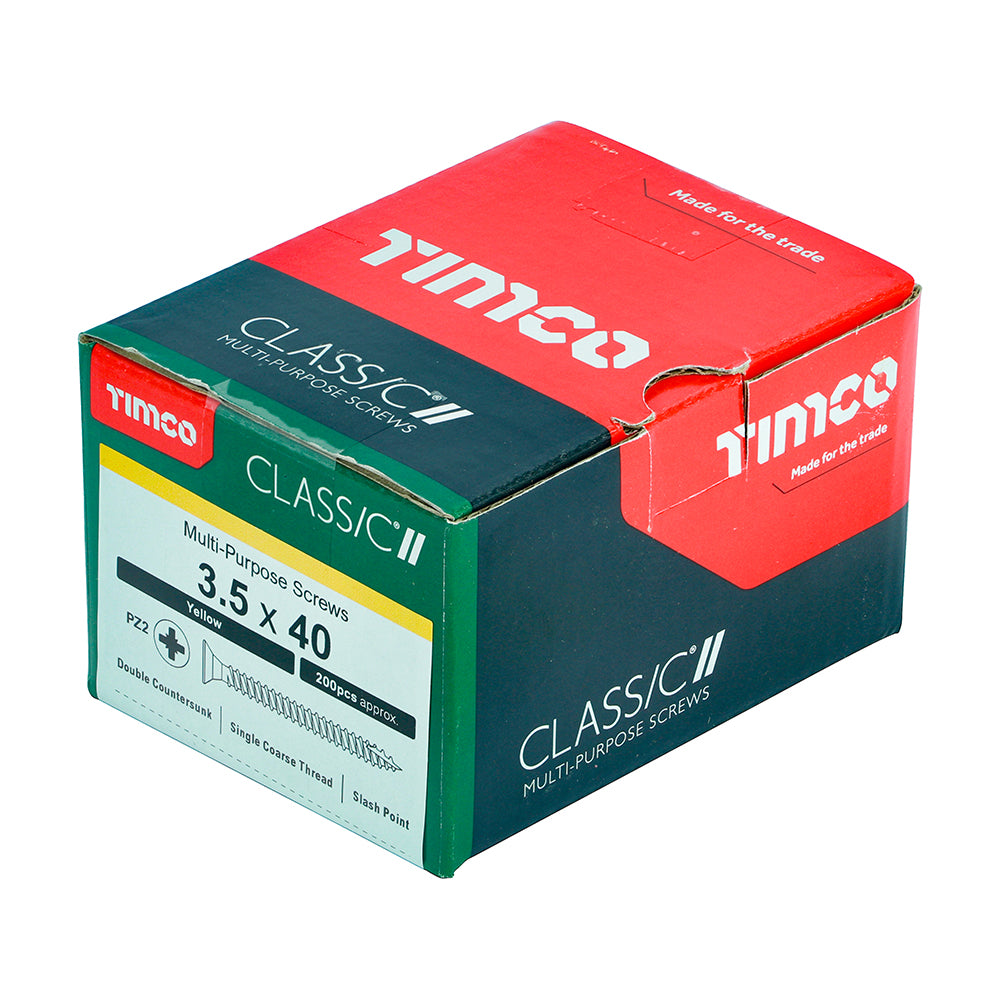 This is an image showing TIMCO Classic Multi-Purpose Screws - PZ - Double Countersunk - Yellow - 3.5 x 40 - 200 Pieces Box available from T.H Wiggans Ironmongery in Kendal, quick delivery at discounted prices.