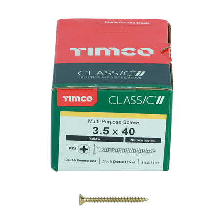 This is an image showing TIMCO Classic Multi-Purpose Screws - PZ - Double Countersunk - Yellow - 3.5 x 40 - 200 Pieces Box available from T.H Wiggans Ironmongery in Kendal, quick delivery at discounted prices.