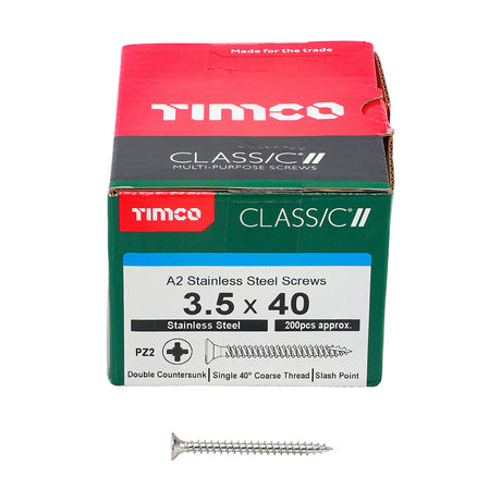 This is an image showing TIMCO Classic Multi-Purpose Screws - PZ - Double Countersunk - A2 Stainless Steel
 - 3.5 x 40 - 200 Pieces Box available from T.H Wiggans Ironmongery in Kendal, quick delivery at discounted prices.