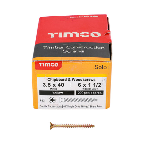 This is an image showing TIMCO Solo Chipboard & Woodscrews - PZ - Double Countersunk - Yellow - 3.5 x 40 - 200 Pieces Box available from T.H Wiggans Ironmongery in Kendal, quick delivery at discounted prices.