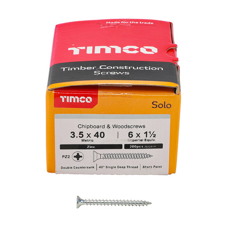 This is an image showing TIMCO Solo Chipboard & Woodscrews - PZ - Double Countersunk - Zinc - 3.5 x 40 - 200 Pieces Box available from T.H Wiggans Ironmongery in Kendal, quick delivery at discounted prices.