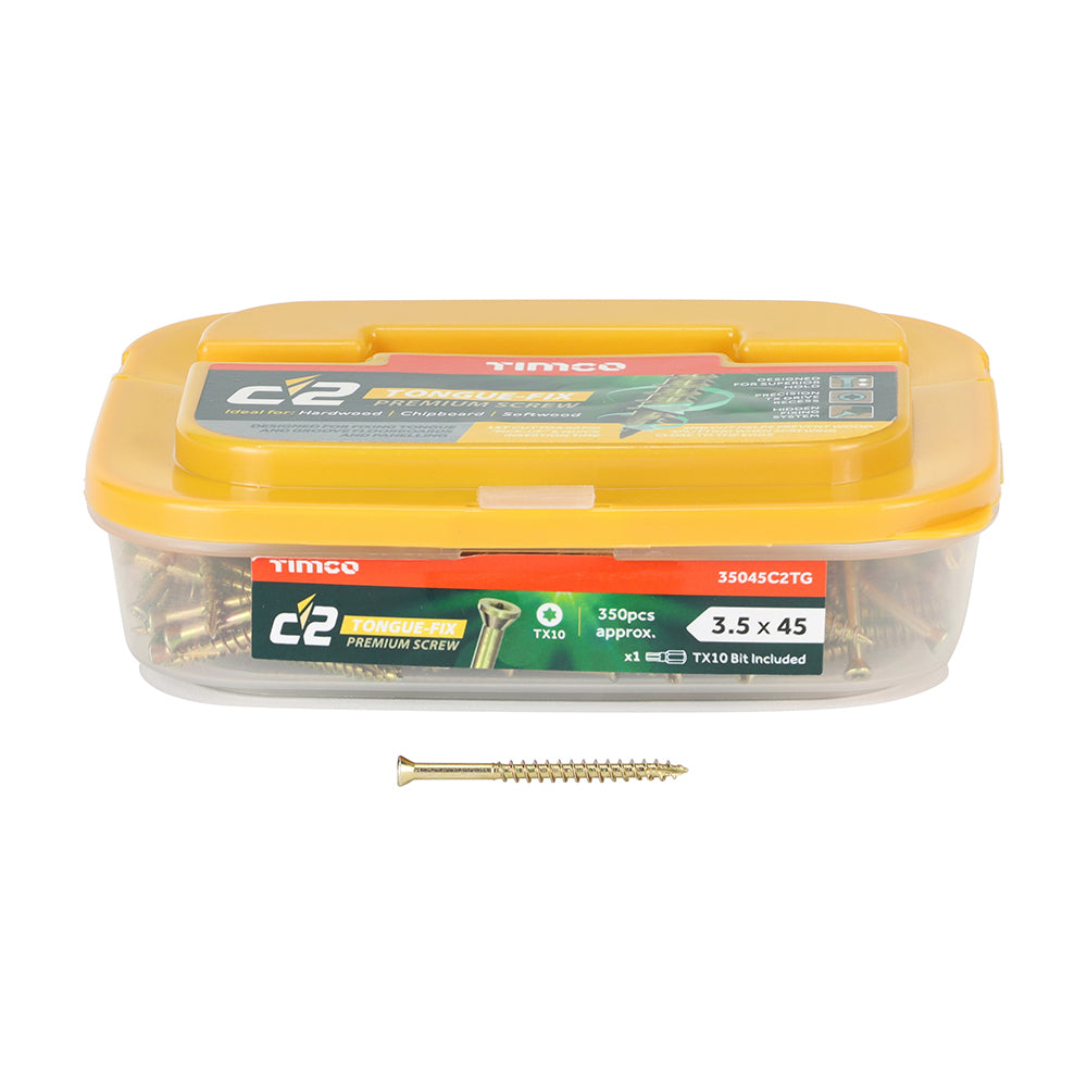 This is an image showing TIMCO C2 Tongue-Fix - TX - Reduced Countersunk - Twin-Cut - Yellow - 3.5 x 45 - 350 Pieces Tub available from T.H Wiggans Ironmongery in Kendal, quick delivery at discounted prices.