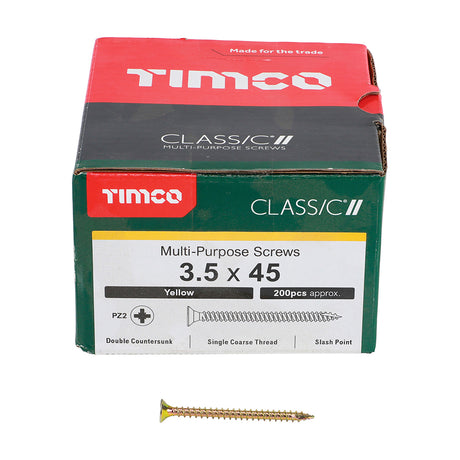 This is an image showing TIMCO Classic Multi-Purpose Screws - PZ - Double Countersunk - Yellow - 3.5 x 45 - 200 Pieces Box available from T.H Wiggans Ironmongery in Kendal, quick delivery at discounted prices.