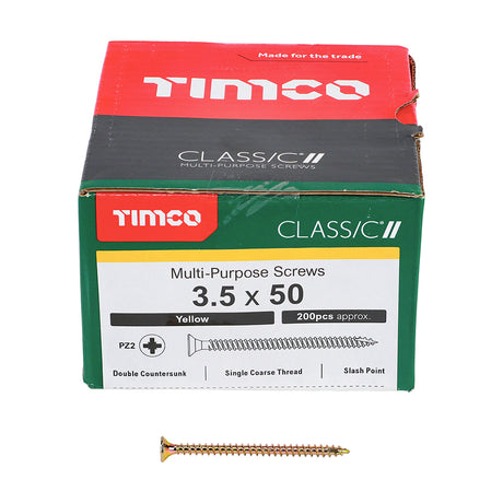 This is an image showing TIMCO Classic Multi-Purpose Screws - PZ - Double Countersunk - Yellow - 3.5 x 50 - 200 Pieces Box available from T.H Wiggans Ironmongery in Kendal, quick delivery at discounted prices.