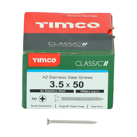 This is an image showing TIMCO Classic Multi-Purpose Screws - PZ - Double Countersunk - A2 Stainless Steel
 - 3.5 x 50 - 200 Pieces Box available from T.H Wiggans Ironmongery in Kendal, quick delivery at discounted prices.