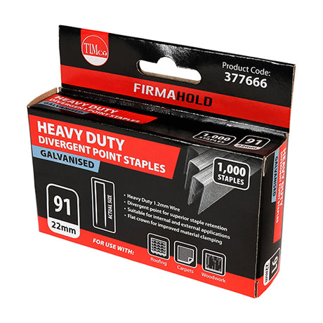 This is an image showing TIMCO Heavy Duty Staples - Divergent Point - Galvanised  - 22mm - 1000 Pieces Box available from T.H Wiggans Ironmongery in Kendal, quick delivery at discounted prices.