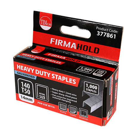 This is an image showing TIMCO Heavy Duty Staples - Chisel Point - Galvanised  - 14mm - 1000 Pieces Box available from T.H Wiggans Ironmongery in Kendal, quick delivery at discounted prices.