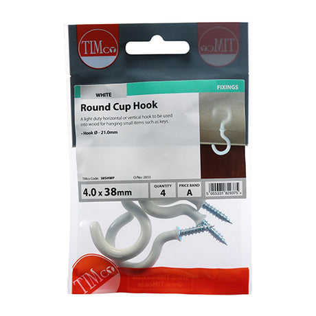 This is an image showing TIMCO Cup Hooks - Round - White - 38mm - 4 Pieces TIMpac available from T.H Wiggans Ironmongery in Kendal, quick delivery at discounted prices.