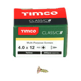 This is an image showing TIMCO Classic Multi-Purpose Screws - PZ - Double Countersunk - Yellow - 4.0 x 12 - 200 Pieces Box available from T.H Wiggans Ironmongery in Kendal, quick delivery at discounted prices.