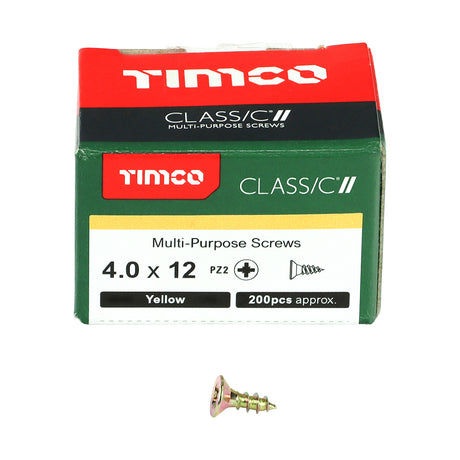 This is an image showing TIMCO Classic Multi-Purpose Screws - PZ - Double Countersunk - Yellow - 4.0 x 12 - 200 Pieces Box available from T.H Wiggans Ironmongery in Kendal, quick delivery at discounted prices.