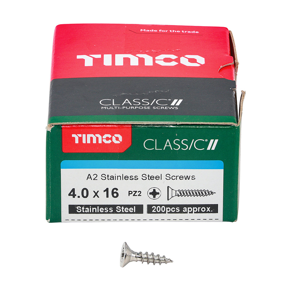 This is an image showing TIMCO Classic Multi-Purpose Screws - PZ - Double Countersunk - A2 Stainless Steel
 - 4.0 x 16 - 200 Pieces Box available from T.H Wiggans Ironmongery in Kendal, quick delivery at discounted prices.