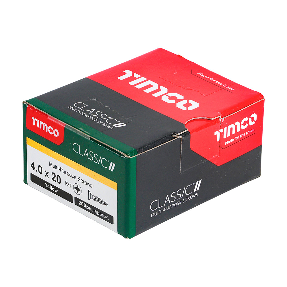 This is an image showing TIMCO Classic Multi-Purpose Screws - PZ - Double Countersunk - Yellow - 4.0 x 20 - 200 Pieces Box available from T.H Wiggans Ironmongery in Kendal, quick delivery at discounted prices.