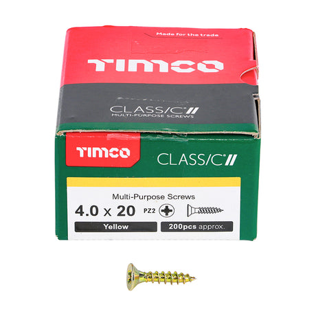 This is an image showing TIMCO Classic Multi-Purpose Screws - PZ - Double Countersunk - Yellow - 4.0 x 20 - 200 Pieces Box available from T.H Wiggans Ironmongery in Kendal, quick delivery at discounted prices.