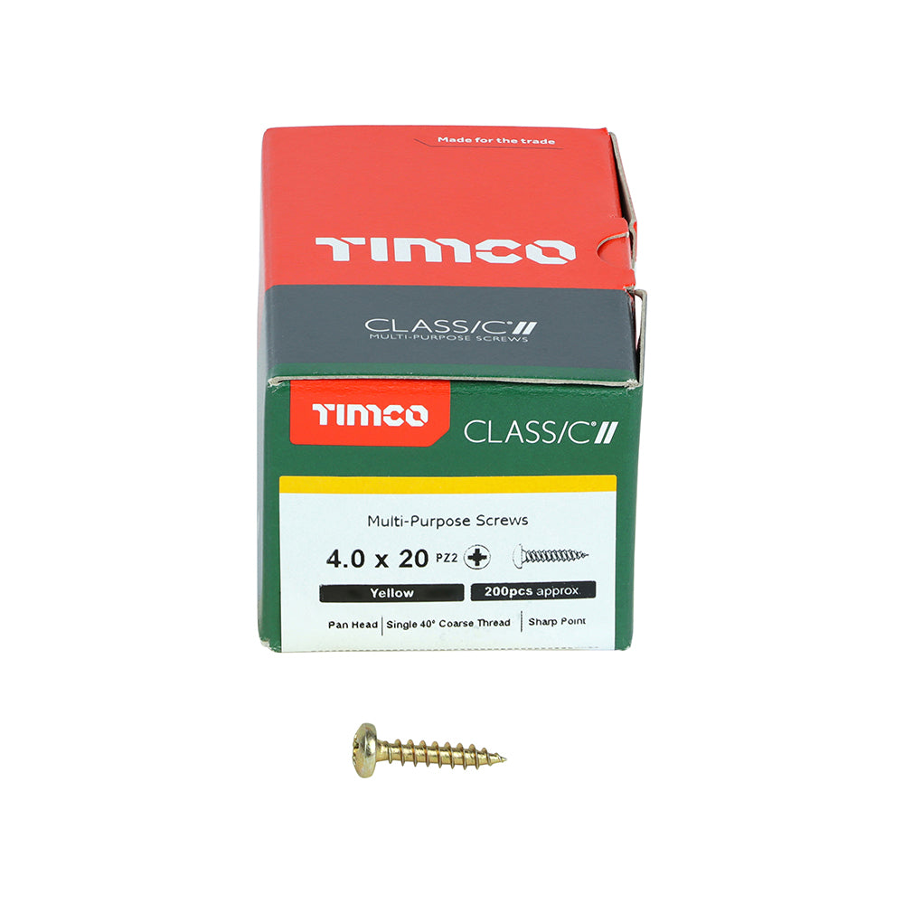 This is an image showing TIMCO Classic Multi-Purpose Screws - PZ - Pan Head - Yellow - 4.0 x 20 - 200 Pieces Box available from T.H Wiggans Ironmongery in Kendal, quick delivery at discounted prices.