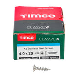 This is an image showing TIMCO Classic Multi-Purpose Screws - PZ - Double Countersunk - A2 Stainless Steel
 - 4.0 x 20 - 200 Pieces Box available from T.H Wiggans Ironmongery in Kendal, quick delivery at discounted prices.