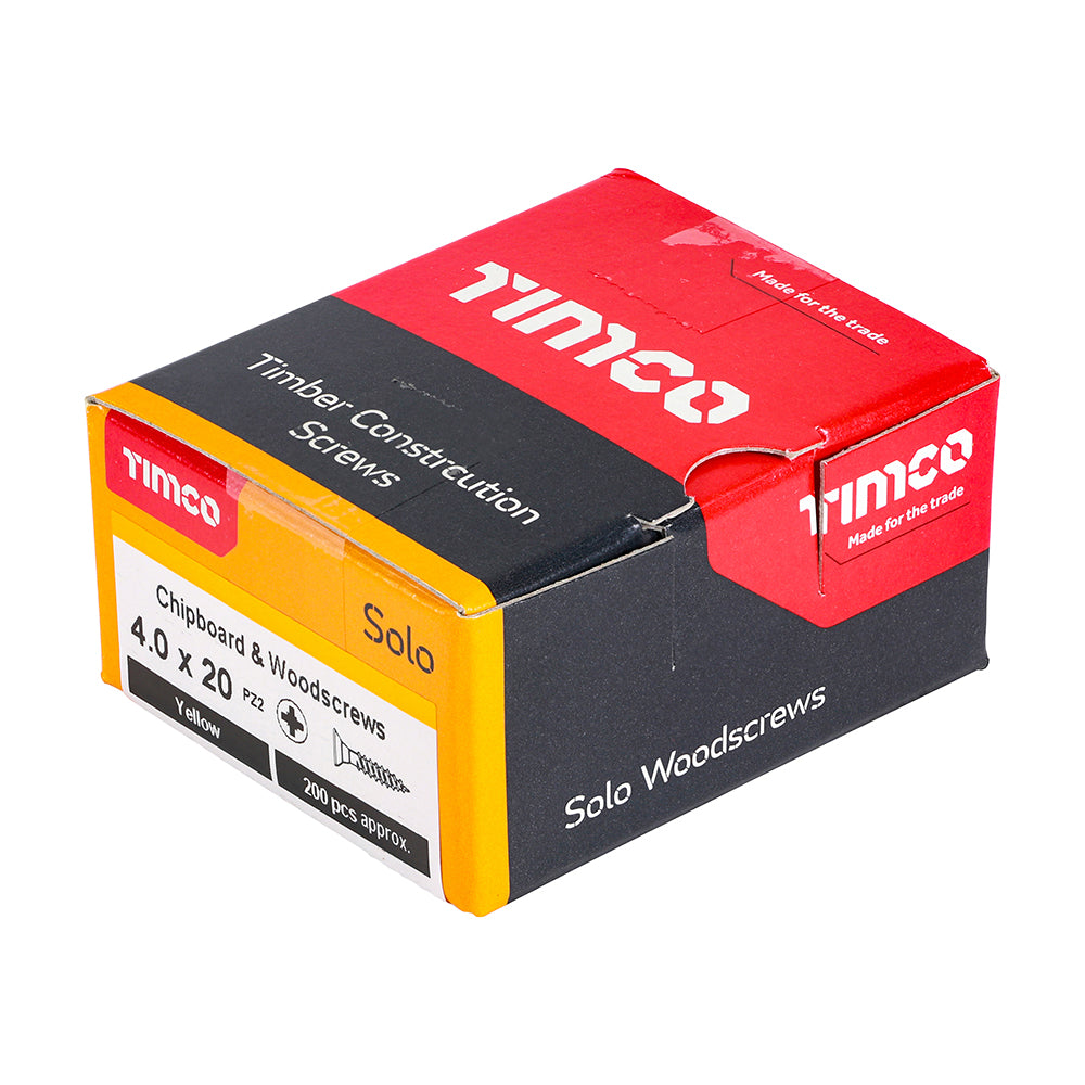 This is an image showing TIMCO Solo Chipboard & Woodscrews - PZ - Double Countersunk - Yellow - 4.0 x 20 - 200 Pieces Box available from T.H Wiggans Ironmongery in Kendal, quick delivery at discounted prices.